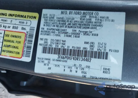 2013 Ford Fusion Se из США, поврежденный, VIN 3FA6P0H74DR134402